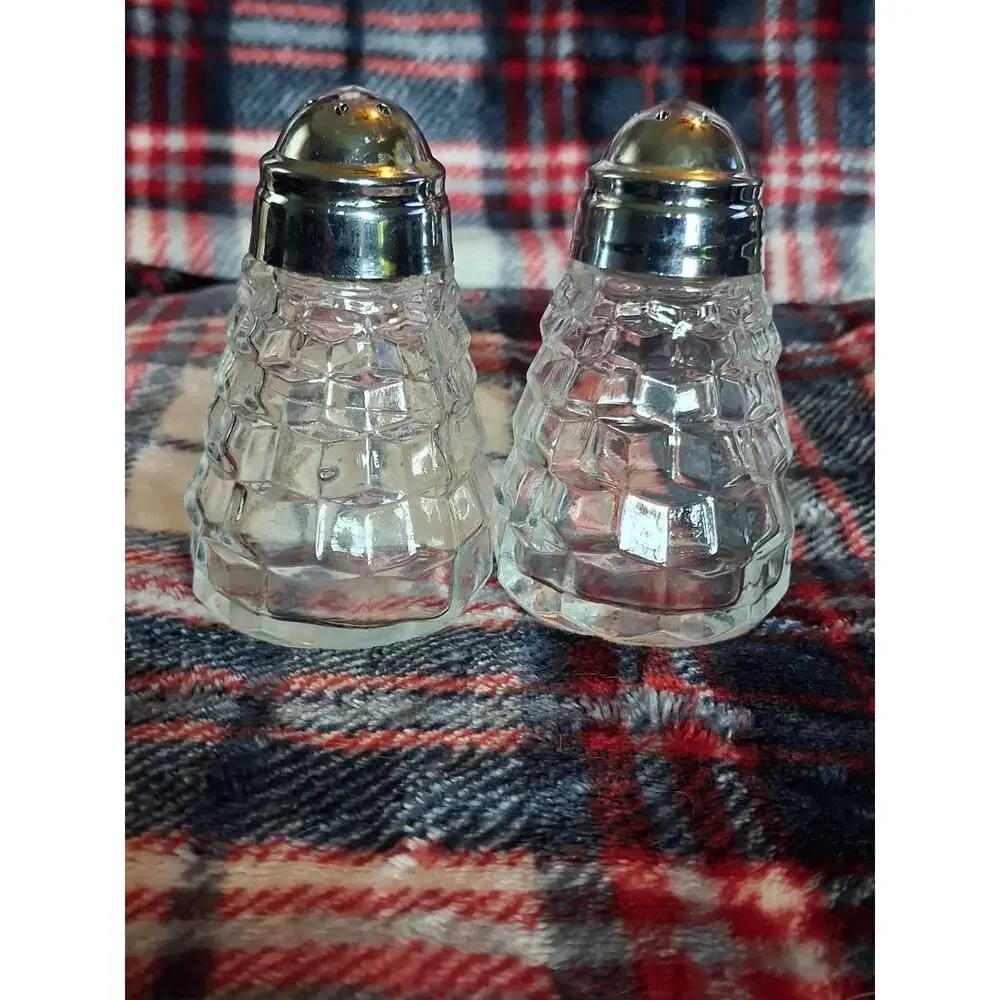 Pair of Fostoria American Glass Salt & Pepper Shakers W/Metal Lids Cube Pattern
